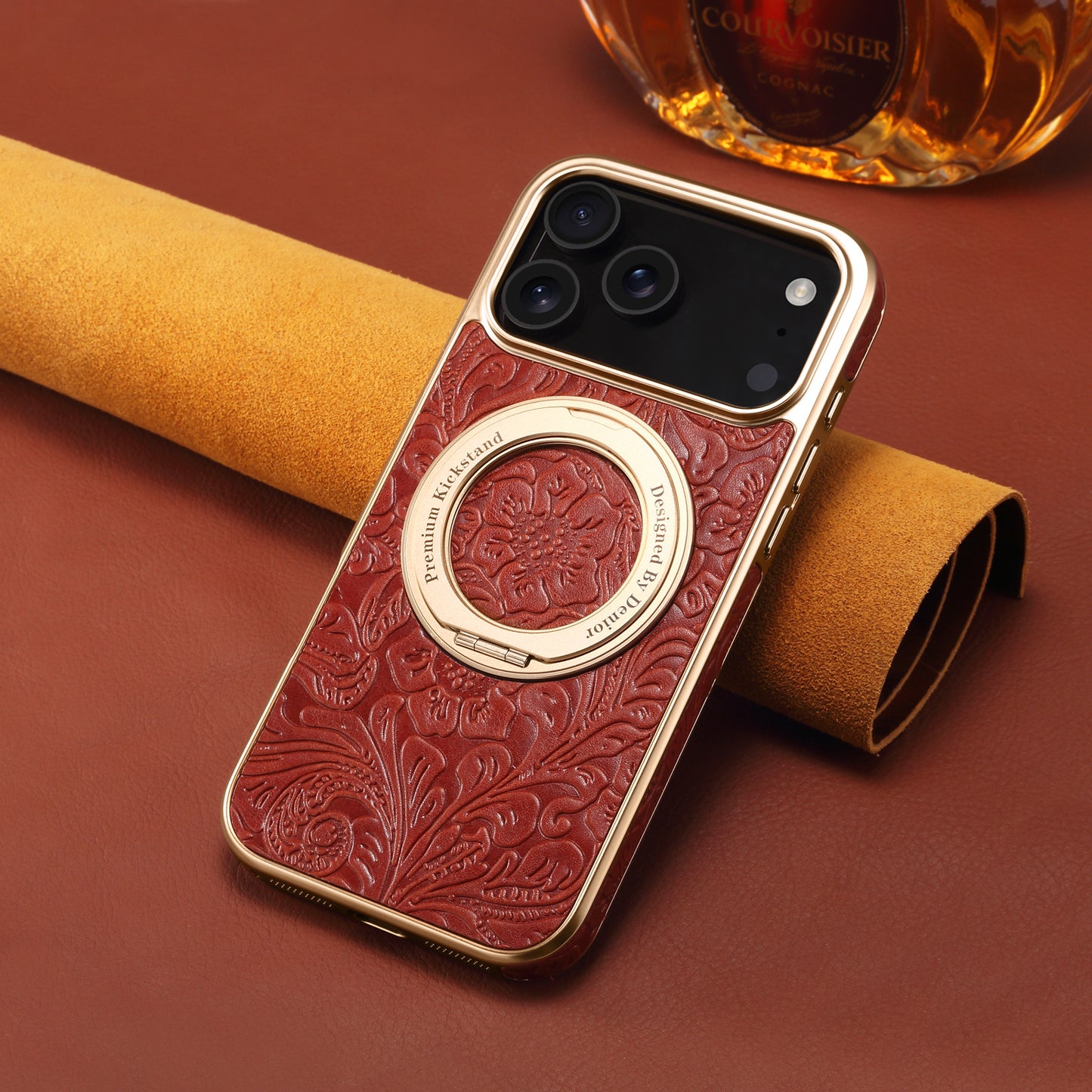 Vintage Tang Dynasty Floral Genuine Leather Phone Case with 360° iPhone 17