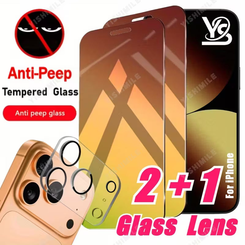 2pcs Anti-Peep Privacy Glass Screen Protector & 1pc Camera Lens Protector for iPhone 17